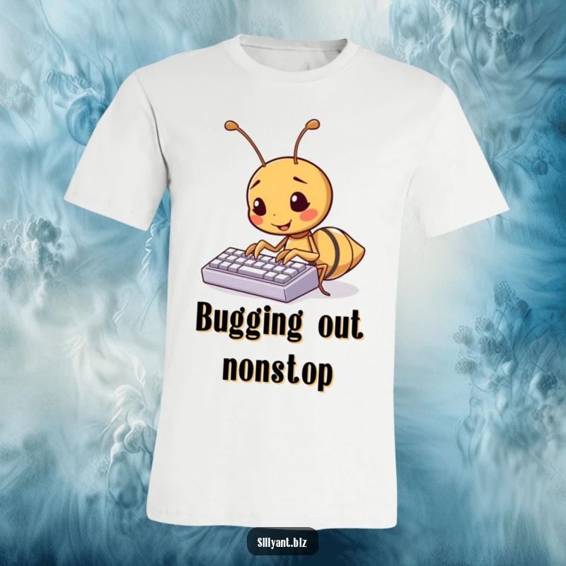 Funny kawaii ant typing rapidly on a tiny keyboard, a humorous and relatable t-shirt.