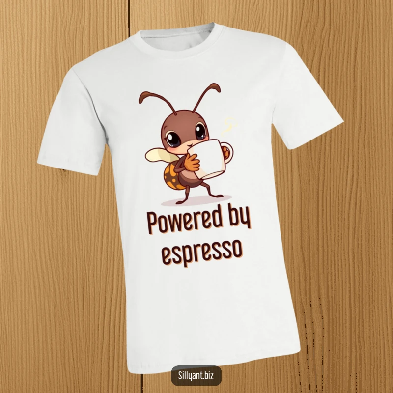 Funny Busy Ant Coffee T-Shirt: A humorous t-shirt featuring a busy ant carrying a tiny steaming coffee mug.