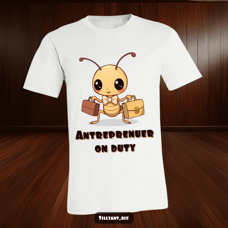 Funny kawaii ant wearing a miniature bowtie and holding a tiny briefcase, humorous t-shirt.