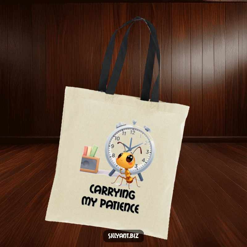 Funny Ant Clock Watcher Tote Bag: A tote bag featuring a cute ant character looking up at a large office clock.