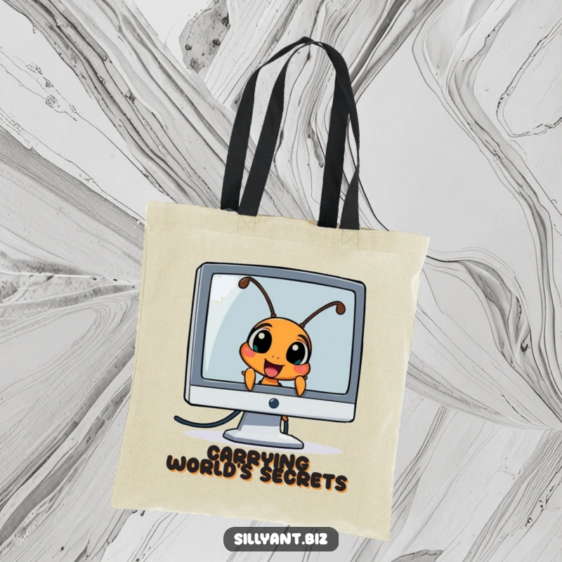 Funny Ant Peeking Tote Bag: A tote bag with an ant character peeking excitedly from behind a computer monitor illustration.
