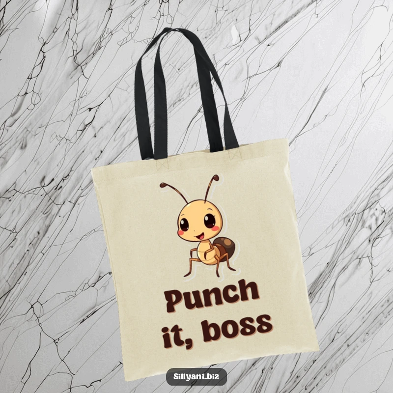 Funny Ant Hole Punch Tote Bag: A tote bag featuring a cheerful ant character using a miniature hole punch.