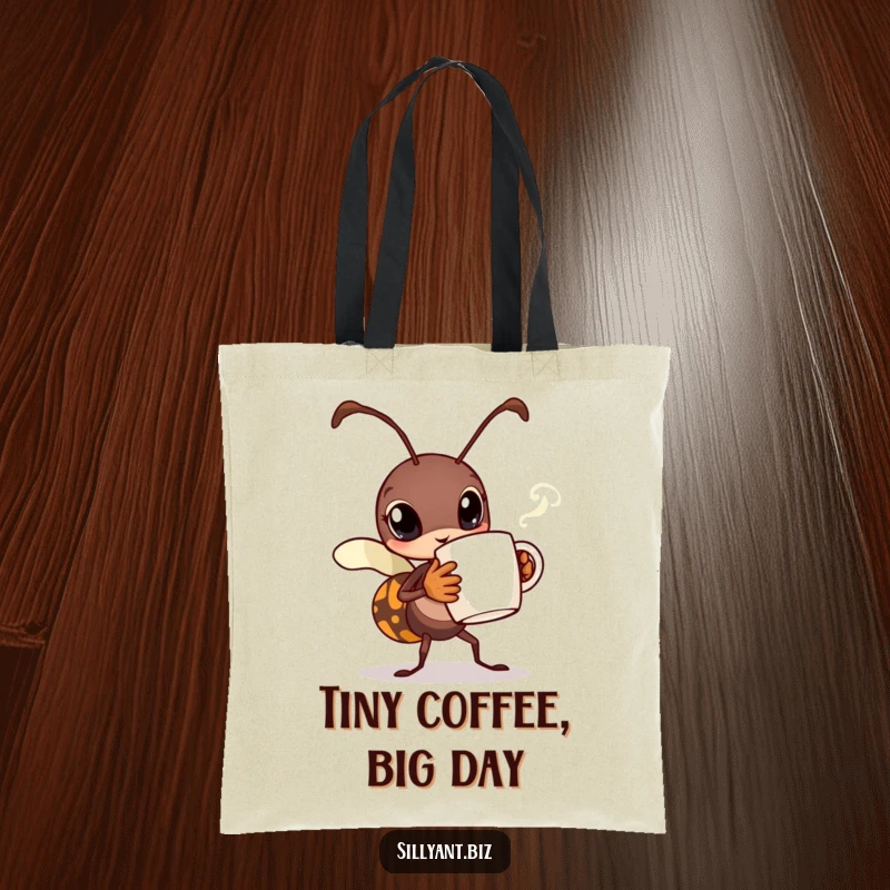 Funny Busy Ant Coffee Tote Bag: A tote bag featuring a busy ant carrying a tiny coffee mug with visible steam.