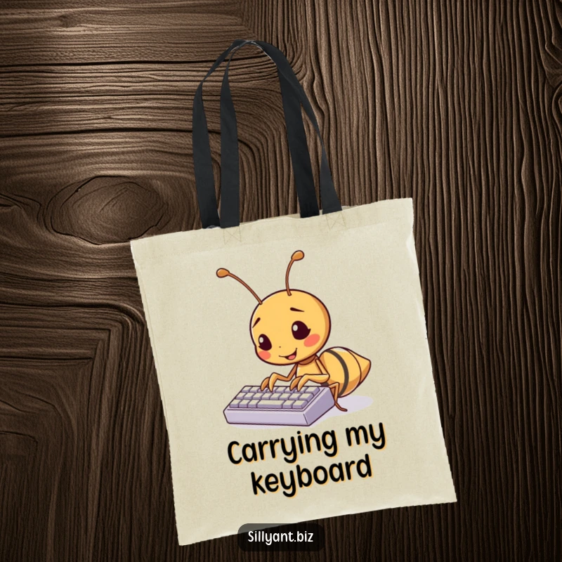Funny ant typing on a tiny keyboard, a humorous and practical tote bag for tech lovers.