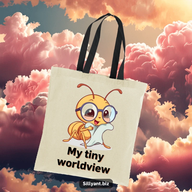 Funny ant polishing tiny spectacles with a cloth, a humorous and practical tote bag.