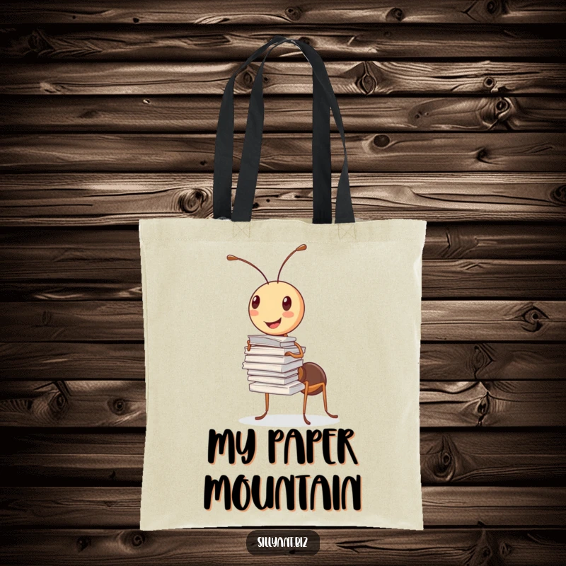 Funny Tote Bag: A cheerful ant balances a tall stack of papers using one antenna.