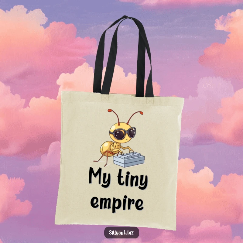 Funny Tote Bag: A smart ant wearing glasses types rapidly on a tiny keyboard.